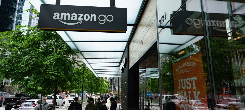 An Amazon Go store on a tree-lined street